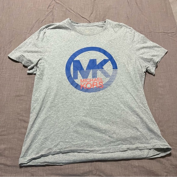 Michael Kors Circle Logo Short Sleeve Tee Heather Grey Size Large Blue Orange MK - Picture 2 of 6